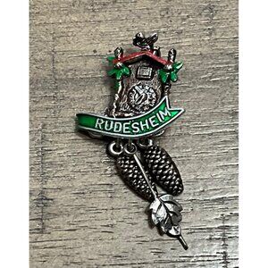 Germany Rudesheim Enamel Cuckoo Clock Pendlum Pin Brooch Dangles